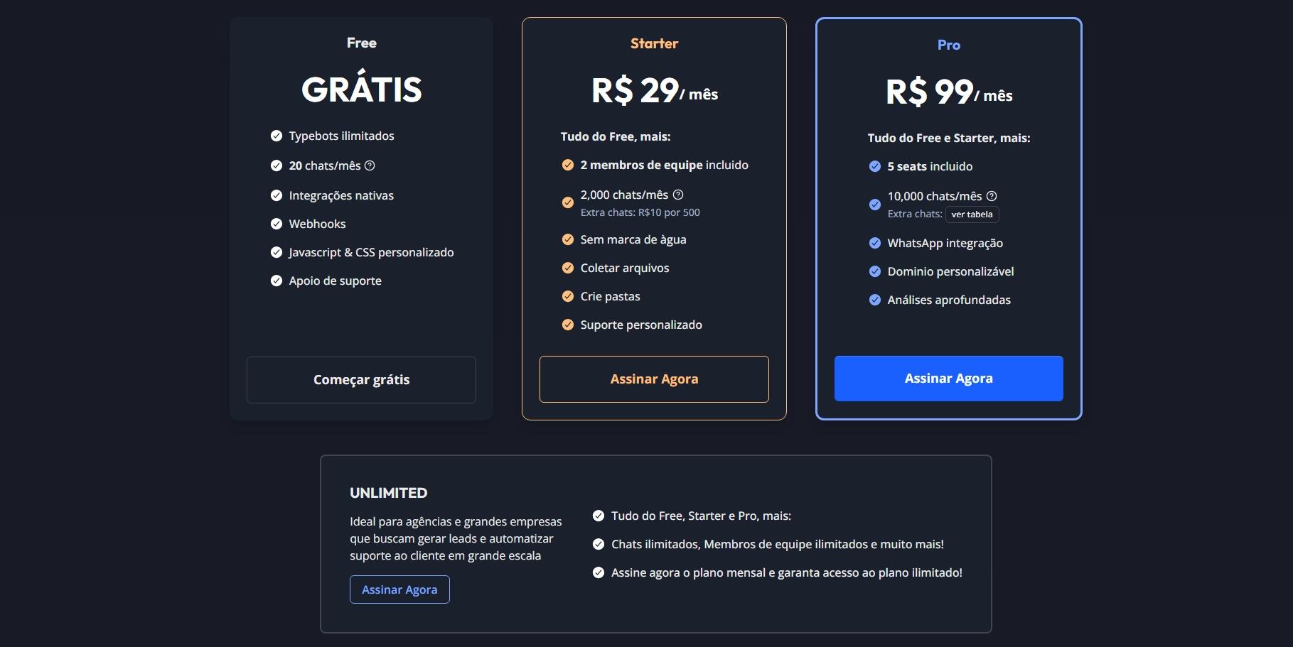 Valores dos planos do Sendbot.co